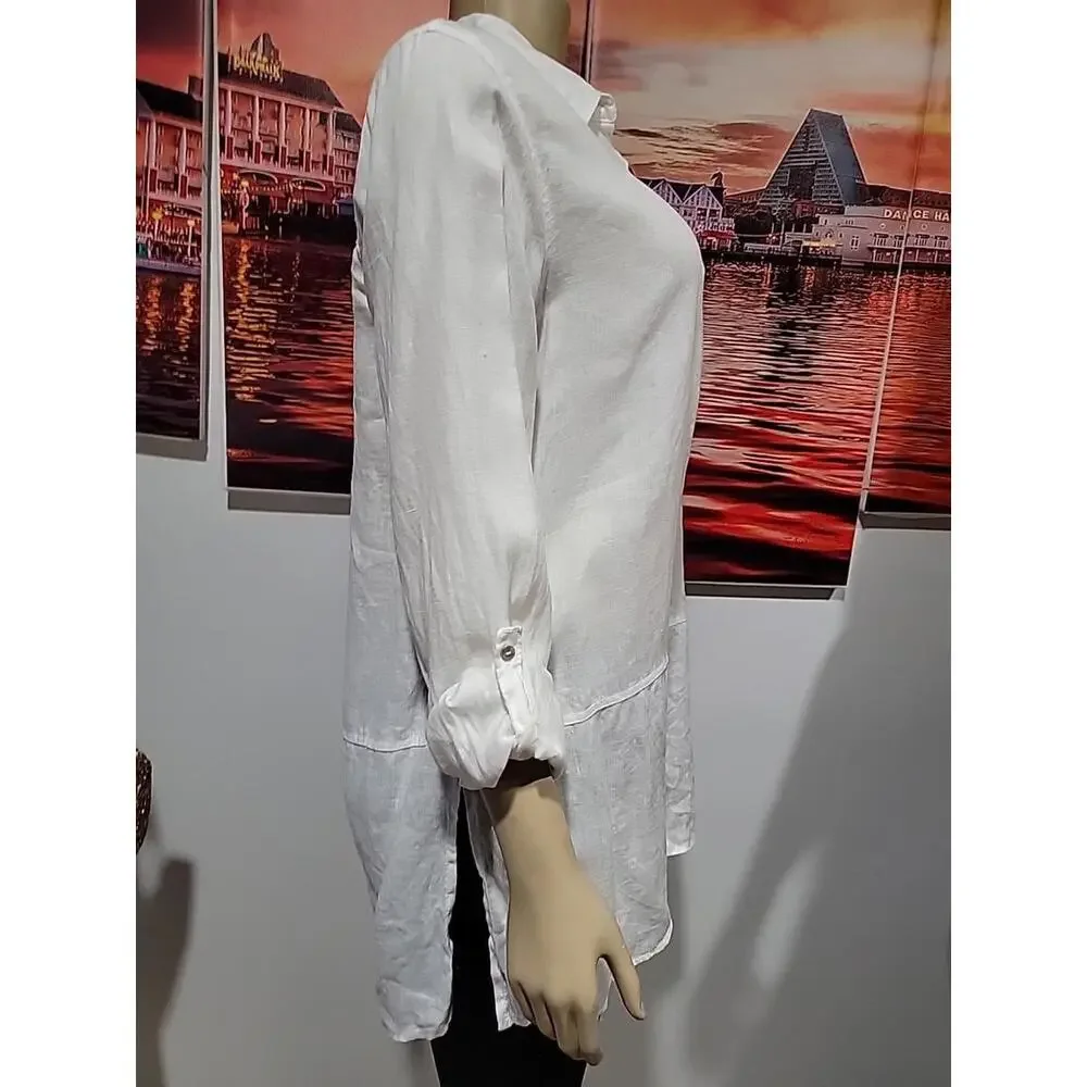 Tahari 100% Linen White Size M Roll-tab Sleeves Button Down Shirt Tunic Top #C - Picture 5 of 12